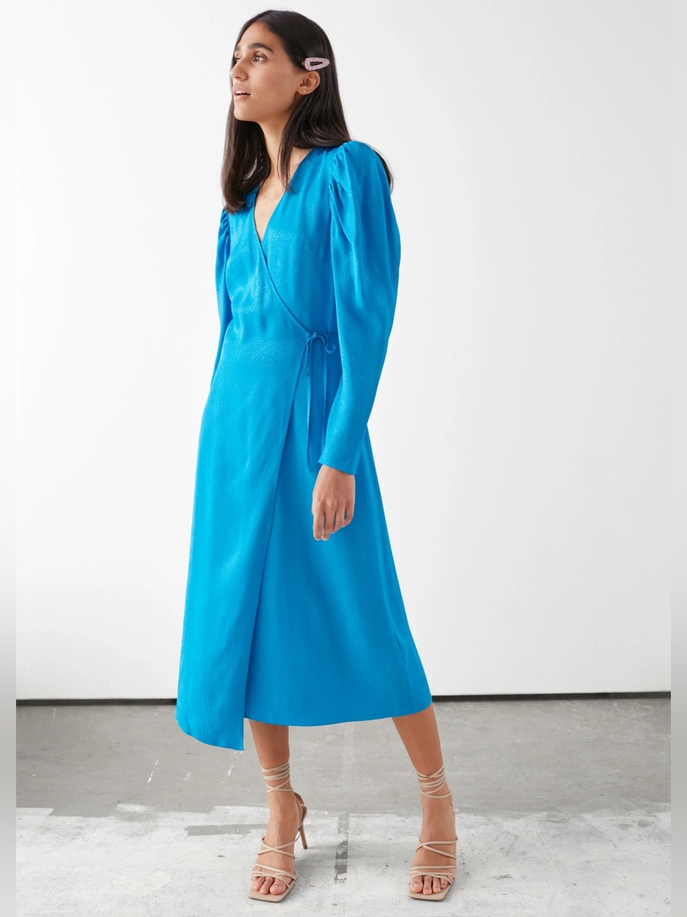 & other stories Blue Wrap Midi Dress with Puff Sleeves